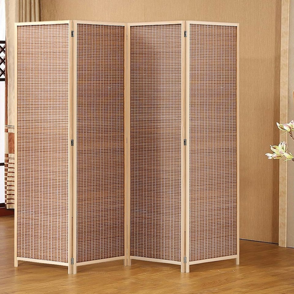 image 1 of Living and Home 4-Panel Bamboo Woven Folding Divider Screen - Brown | Brown