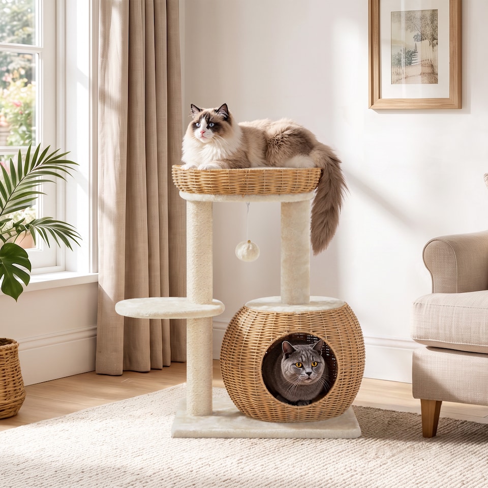 image 1 of Yaheetech 72cm Rattan Cat Tree with Sisal Scratching Post, Wicker Condo, Basket and Removable Soft Cushion, Cat Furniture for Small and Medium Cats, Beige