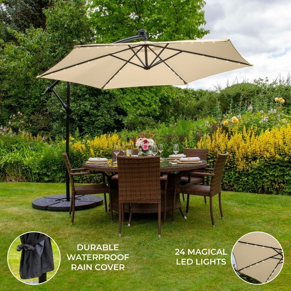 image 1 of Beige 3m LED Cantilever Parasol With Fan Base