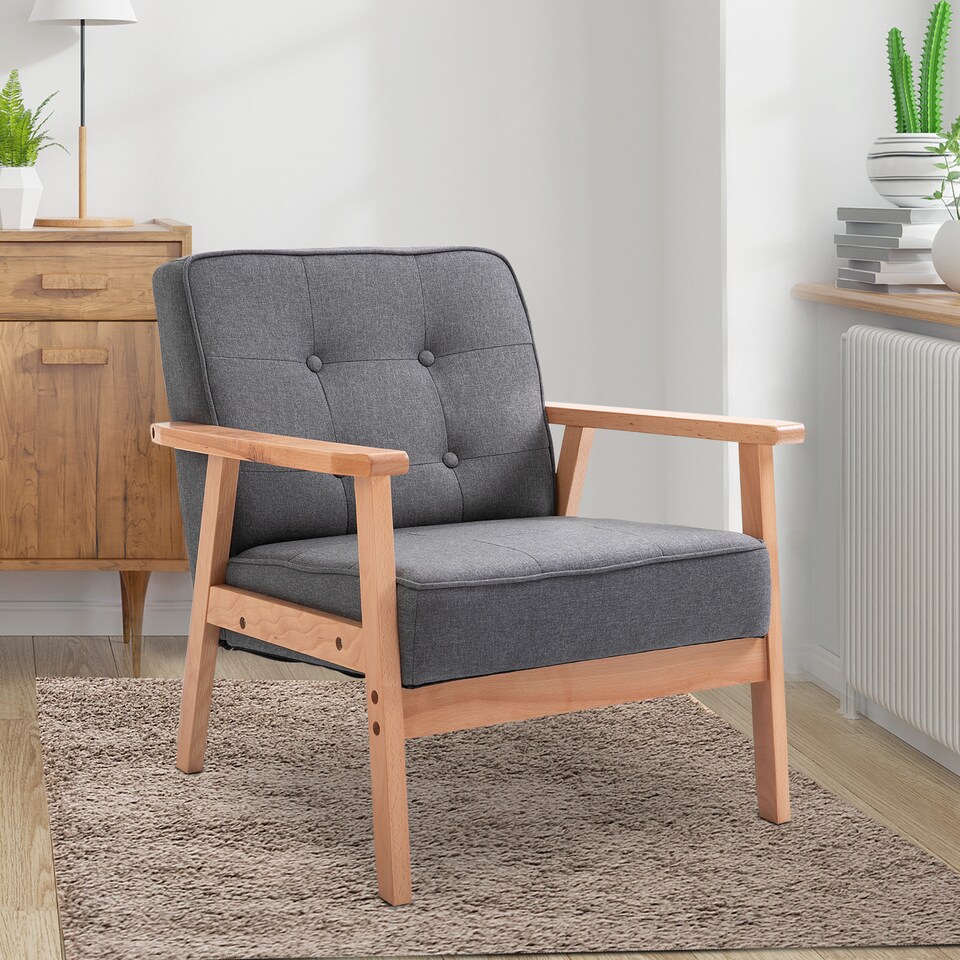 image 1 of HOMCOM Accent Chair, Linen Fabric Armchair, Occasional Chair with Rubber Wood Frame for Living Room Reception Bedroom Balcony, Grey and Natural