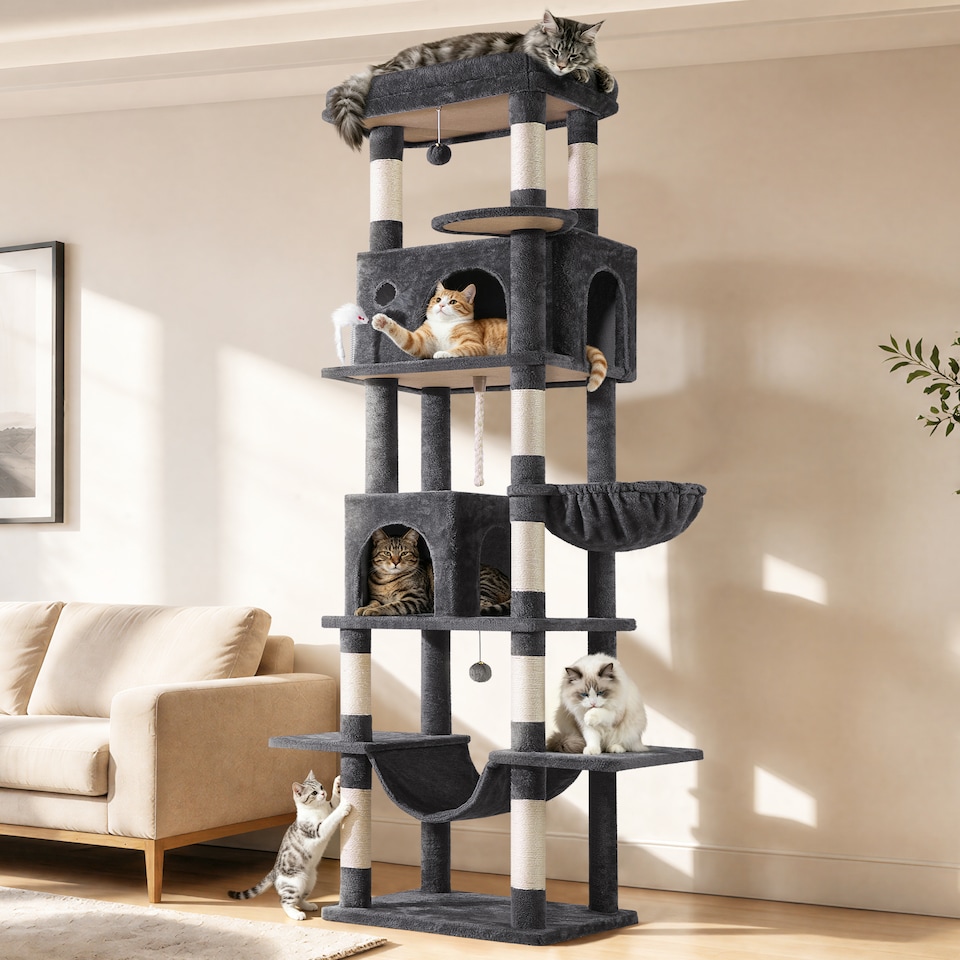 image 1 of Yaheetech 210cm Multi-Level Cat Tree with Large Top Perch, 2 Cat Condos, Hammock & Basket, Sisal Scratching Posts, Heavy Duty Cat Tower for Indoor Cats, Dark Grey