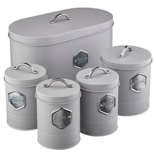 Cooks Professional 5 Piece Kitchen Storage Set – Tea, Coffee, Sugar, Bread & Biscuit Tins | Grey | Grey & Silver | 5