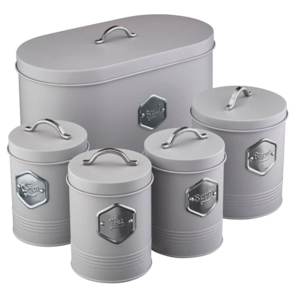 image 1 of Cooks Professional 5 Piece Kitchen Storage Set – Tea, Coffee, Sugar, Bread & Biscuit Tins | Grey | Grey & Silver | 5