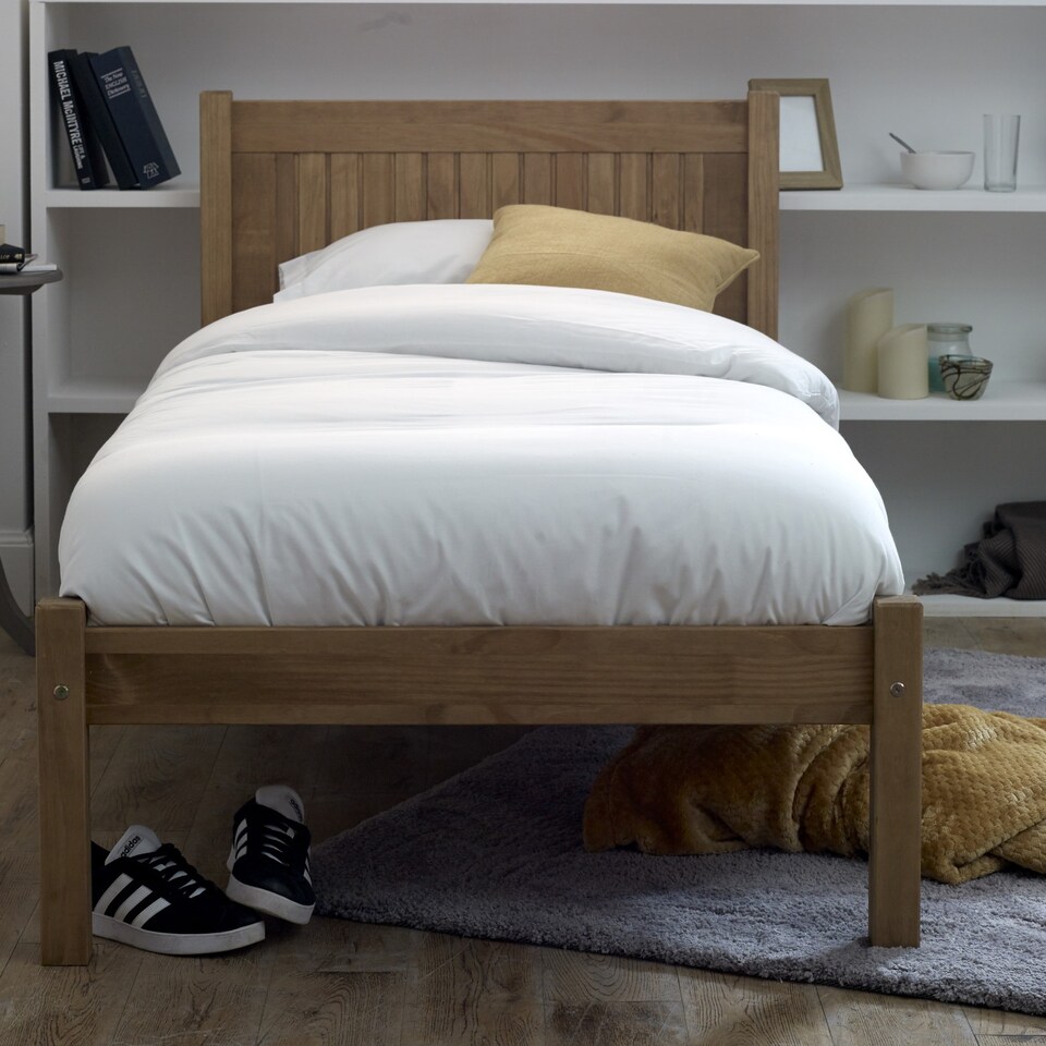 image 1 of 4ft Small Double Antique honey pine,wood,wooden low foot end,solid panel bed frame.Shaker style