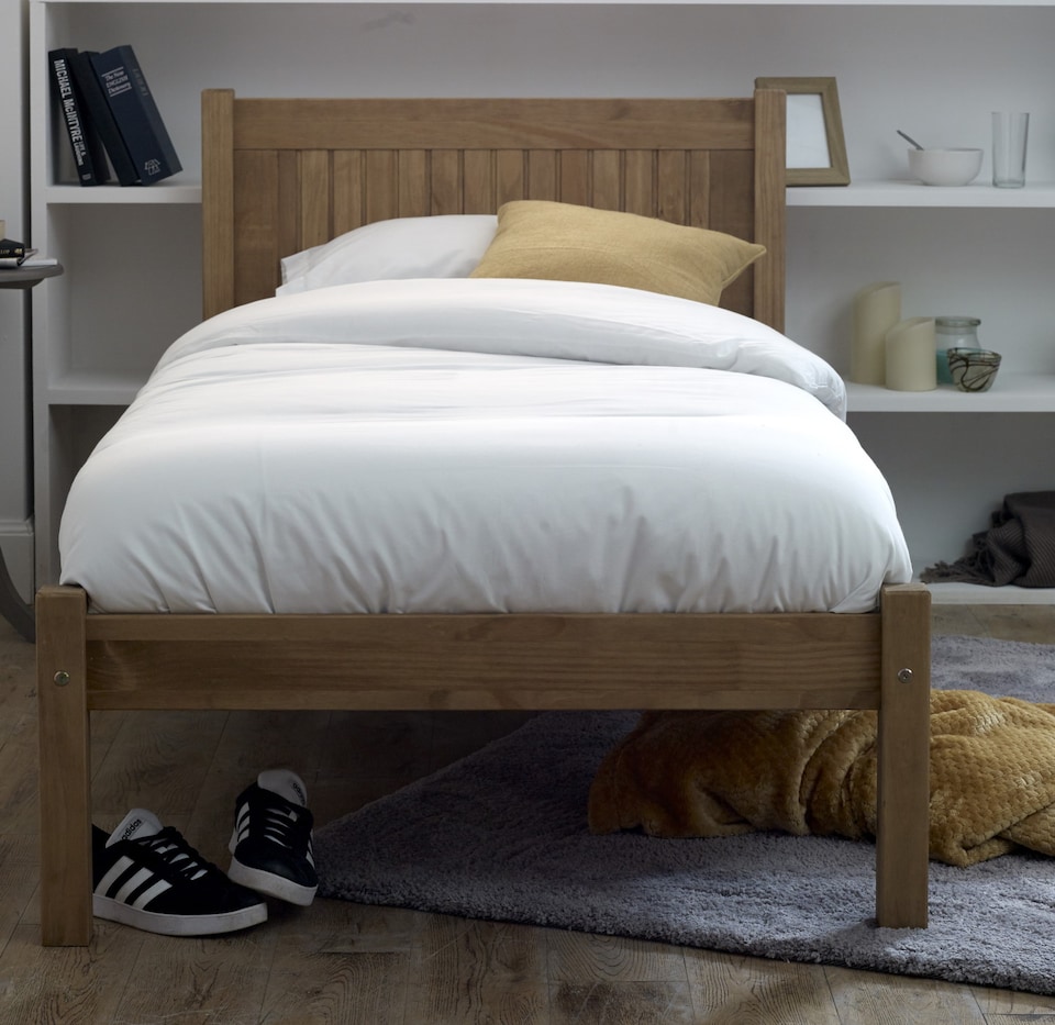 image 1 of 4ft Small Double Antique honey pine,wood,wooden low foot end,solid panel bed frame.Shaker style