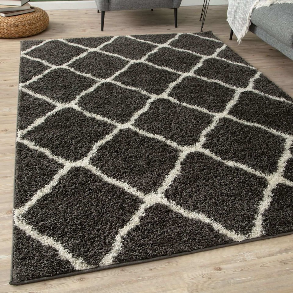 image 1 of The Rugs Moroccan Collection Soft High Pile Shaggy Lattice Floor Rugs and Runners Living Room
