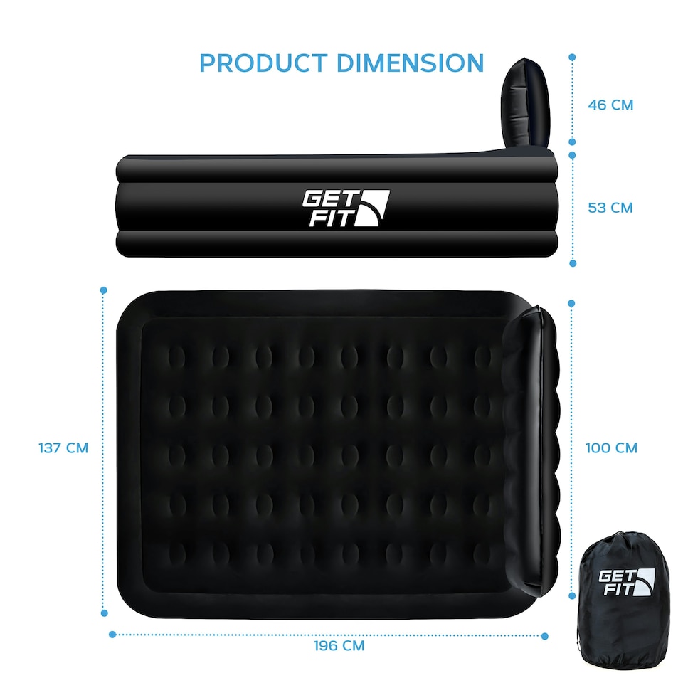 image 1 of Get Fit Air Bed With Built In Electric Pump - Premium Double Airbed - Quick Blow Up Bed With Headboard & 2 Free Inflatable Pillows - Air Mattress- Black Mono