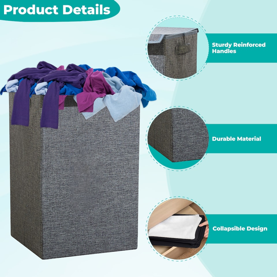 image 1 of 57L Collapsible Laundry Basket with Lid Portable Clothes Hamper