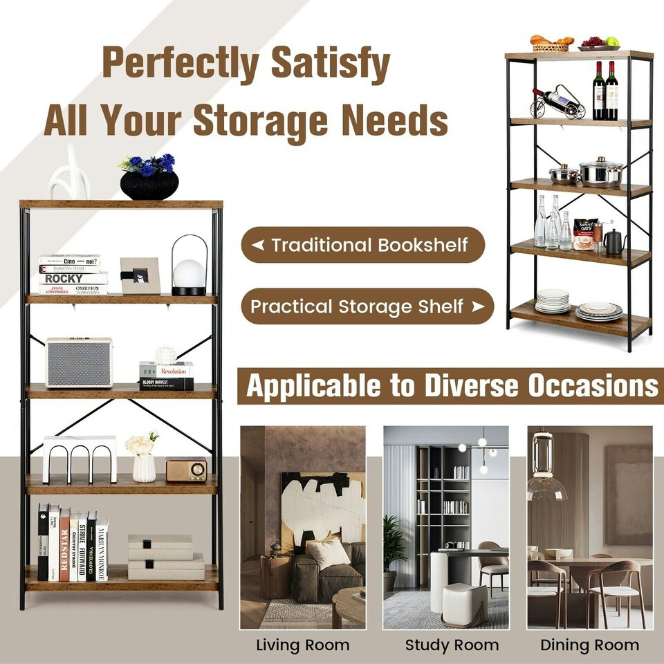 image 1 of COSTWAY 5-Tier Bookshelf Wood Bookcase Display Rack Brown Brown