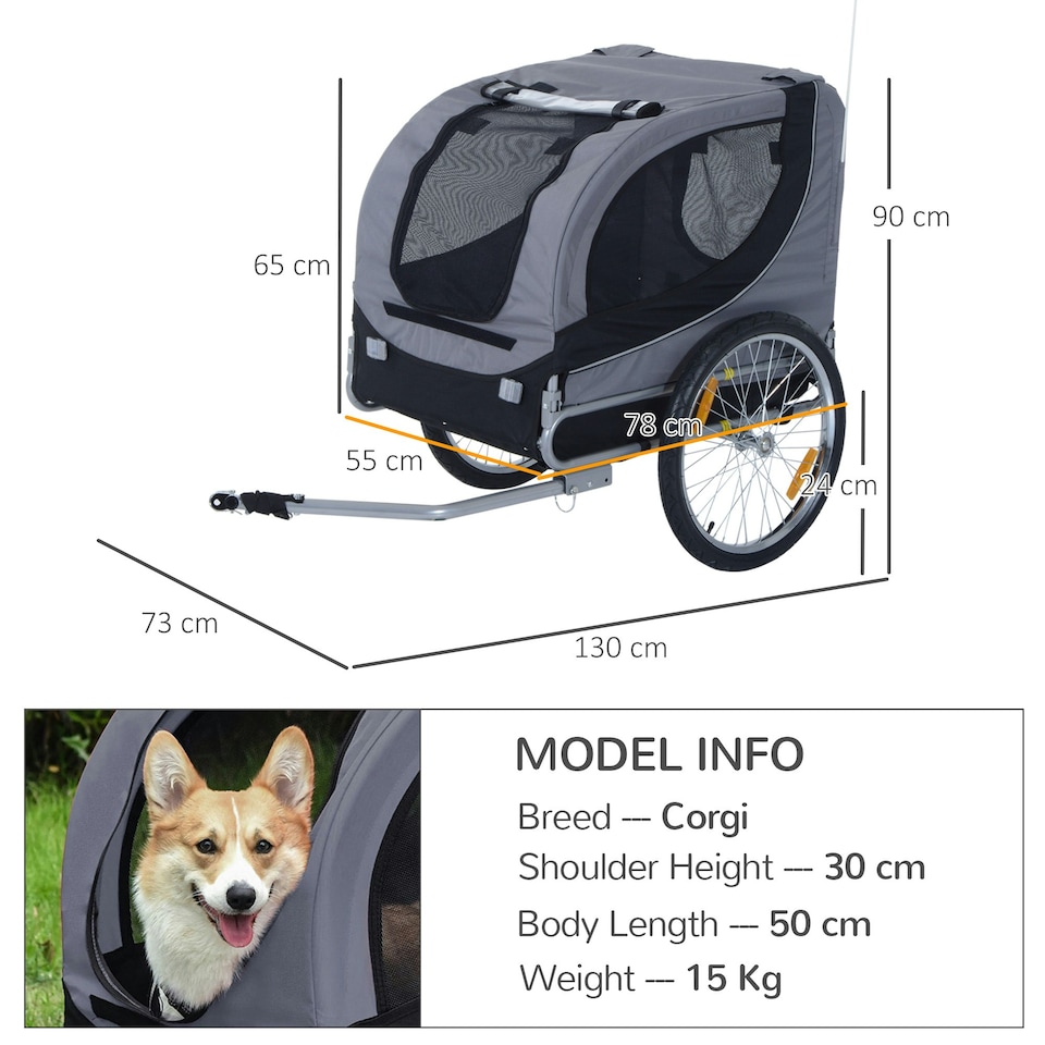 image 1 of PawHut Pet Bicycle Trailer Steel Dog Bike Carrier Water Resistant Travel Grey