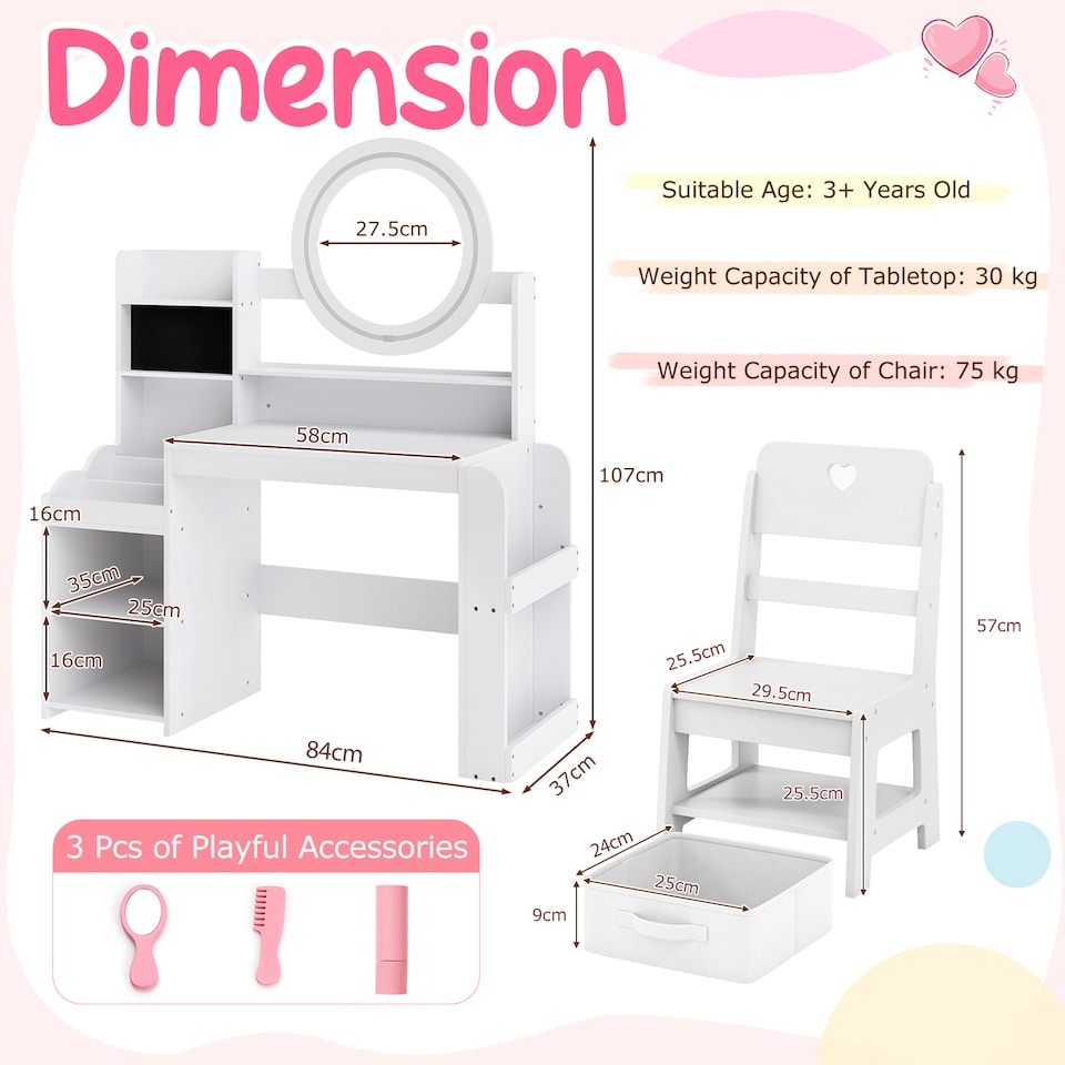 image 1 of Costway Princess Pretend Play Dressing Table and Chair Set with Open Storage Shelves Rings Slots and Fabric Drawer
