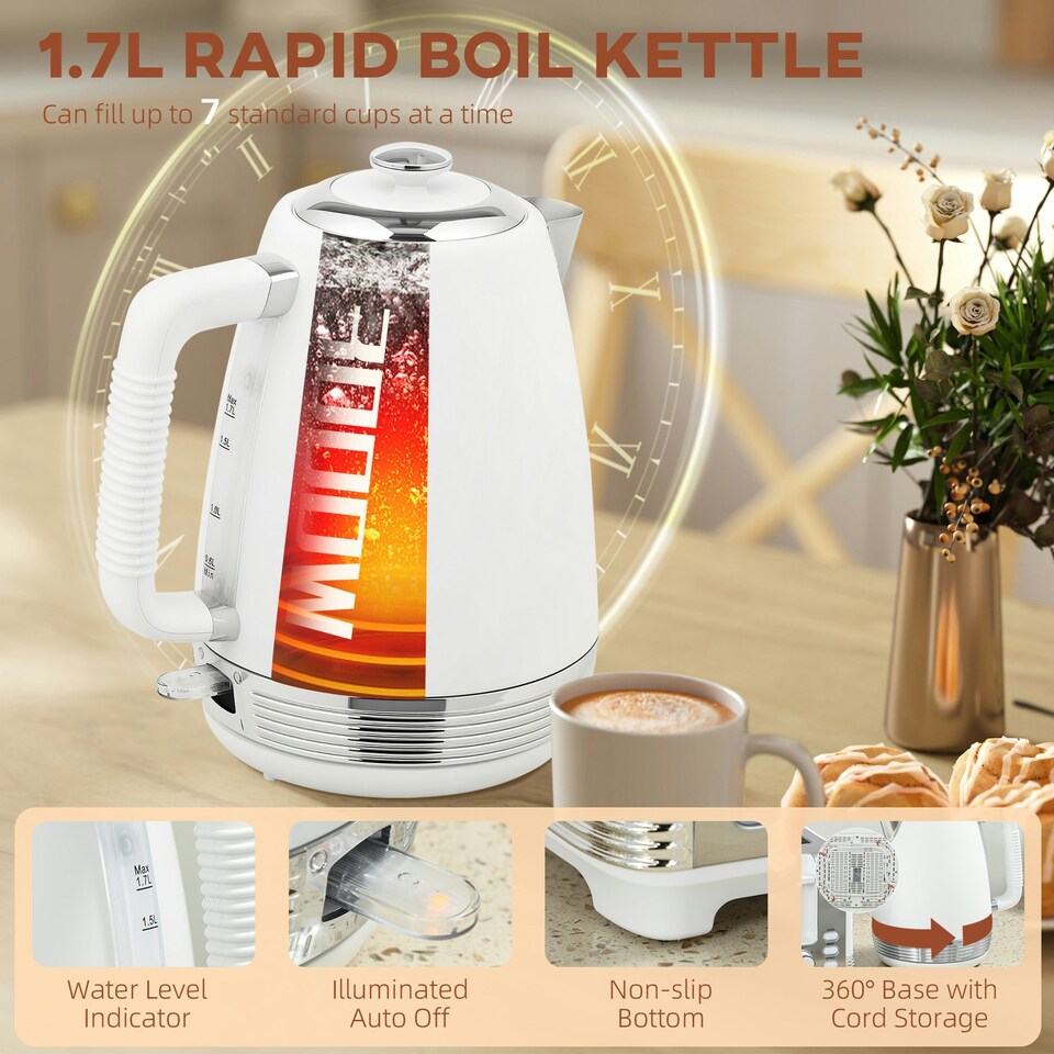 image 1 of HOMCOM 1.7L 3000W Quick Boil Kettle and 4 Slice Toaster Set Crumb Tray White