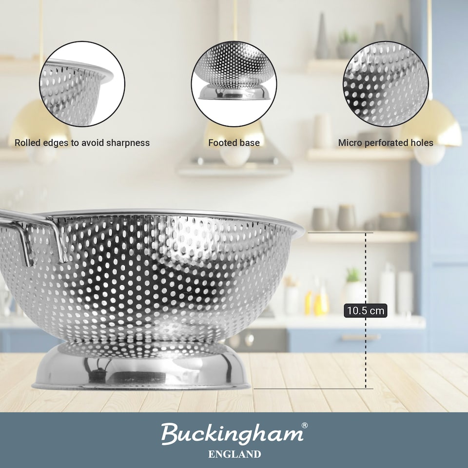 image 1 of Buckingham Stainless Steel Micro-perforated Deep Colander / Strainer 22.5 cm Long Handle