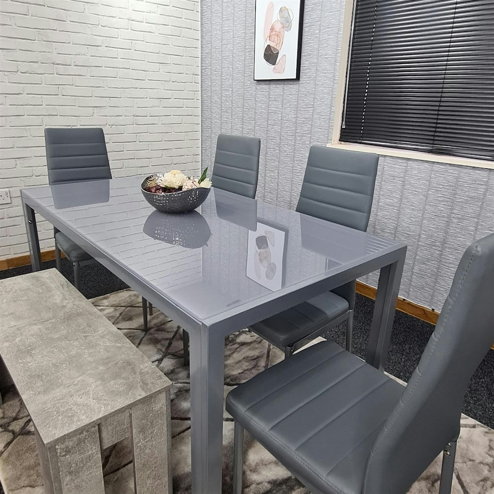 image 1 of Dining Table Set with 4 Chairs, and a Bench Dining Room and Kitchen table set of 4, and Grey Bench Grey