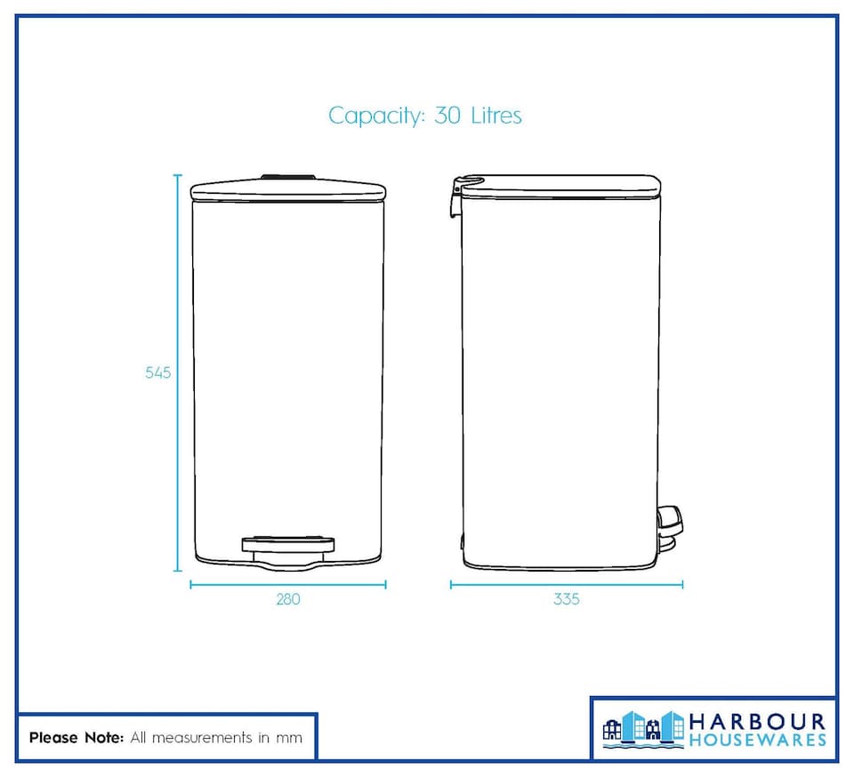 image 1 of Harbour Housewares Square Stainless Steel Kitchen Pedal Bin - 30L - White | White | White