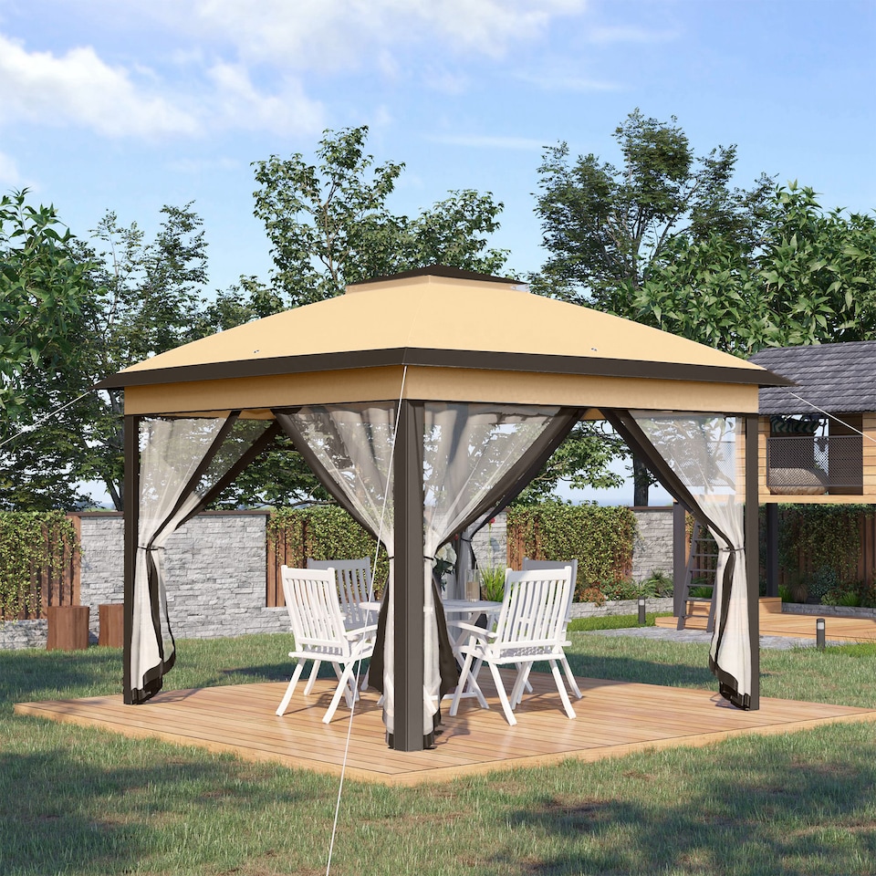 image 1 of Outsunny 3.3 x 3.3m Pop Up Gazebo, Double Roof Foldable Canopy Tent with Zipped Mesh Sidewalls, Height Adjustable and Carrying Bag, Event Tent for Patio Garden, Beige