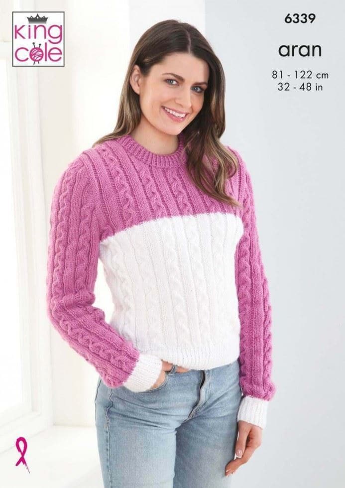 King Cole Fashion Aran Knitting Pattern 6339, Slipovers and Sweaters for Men and Women - 32 - 48 Inches