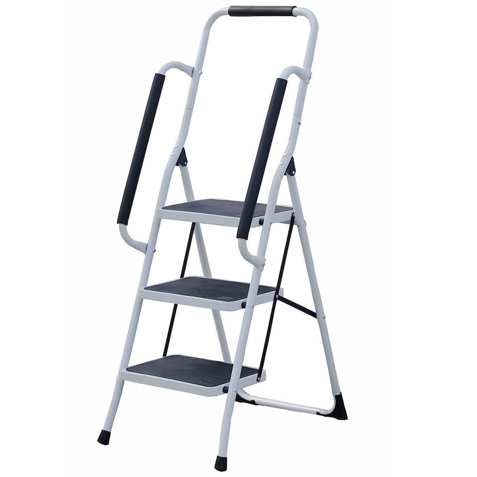 image 1 of Gr8 Home 3 Step Ladder Folding Stool Non Slip Tread Steel Foldable Home DIY With Handrail