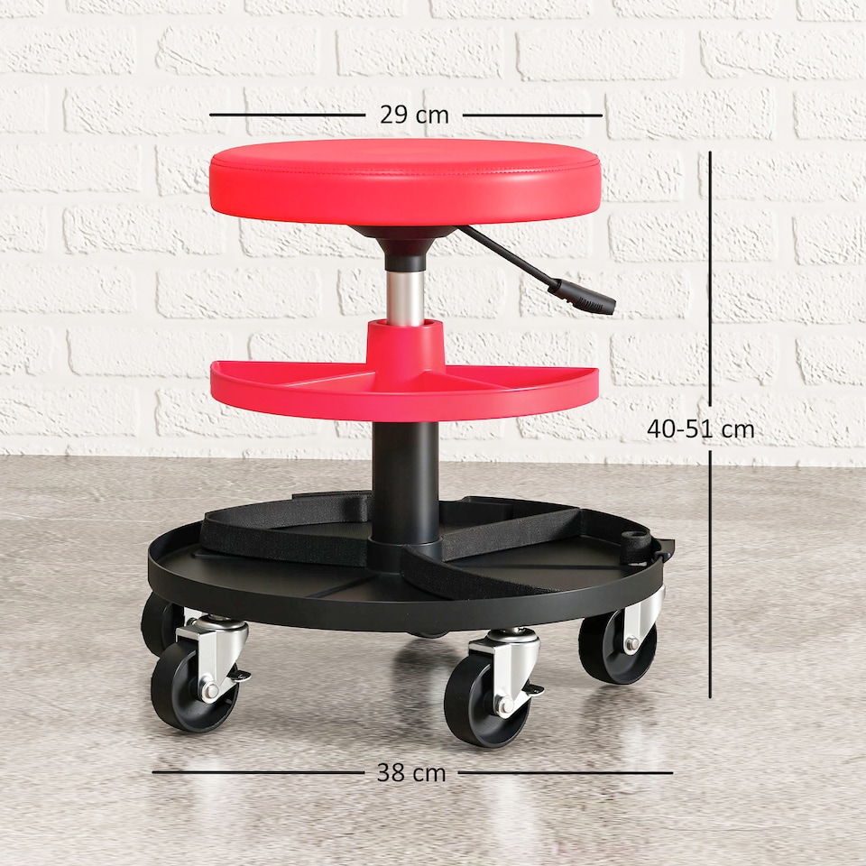 image 1 of HOMCOM Rolling Mechanic Stool, 135kg Capacity Workshop Stool, 360° Swivel Roller Padded Creeper Seat with Wheels, Tool Trays Storage for Garage, Shop, Auto Repair, Red
