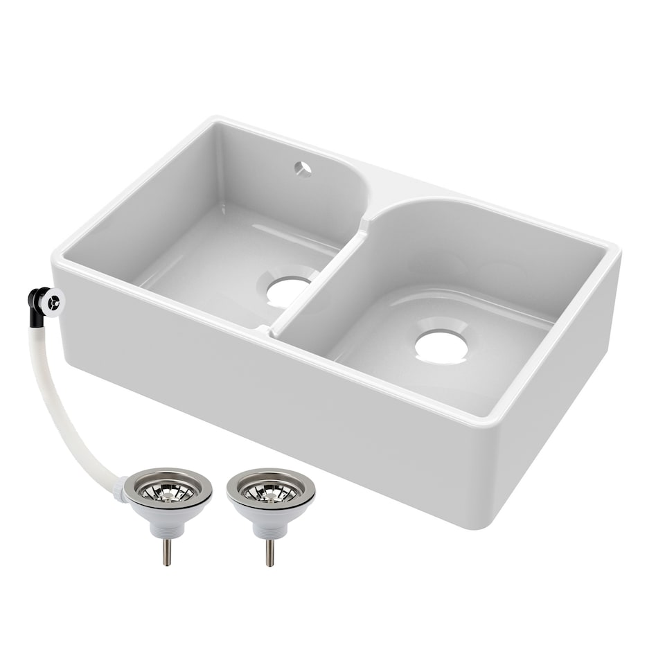 image 1 of 795mmDouble Bowl Fireclay Butler Kitchen Sink - Stepped Weir &  Wastes