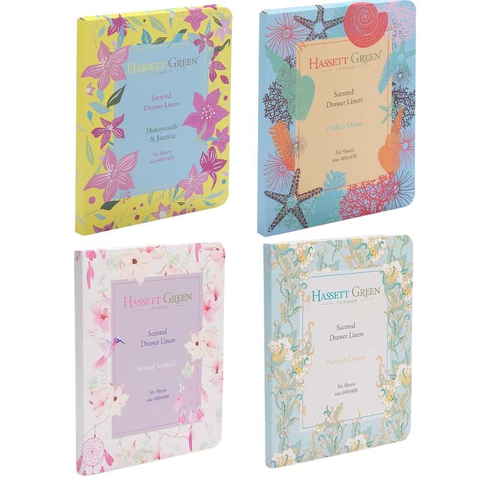 image 1 of Hassett Green London Four Pack Scented Drawer Liners - Honeysuckle & Jasmine - Endless Ocean - Sensual Sensuelle - Natural Cotton - 6 Sheets size 600 x 400 In Every Box