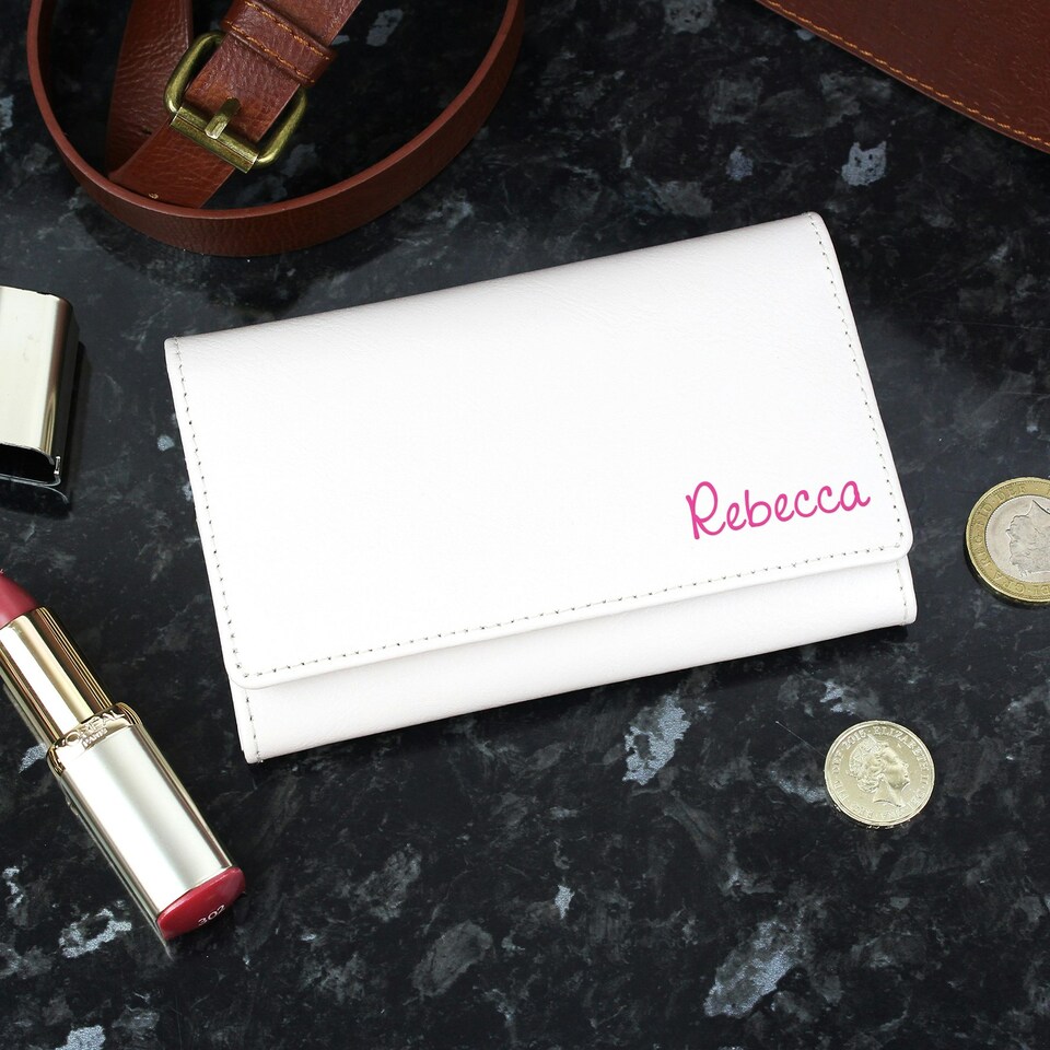 image 1 of Personalised Pink Name Cream Leather Purse Cream