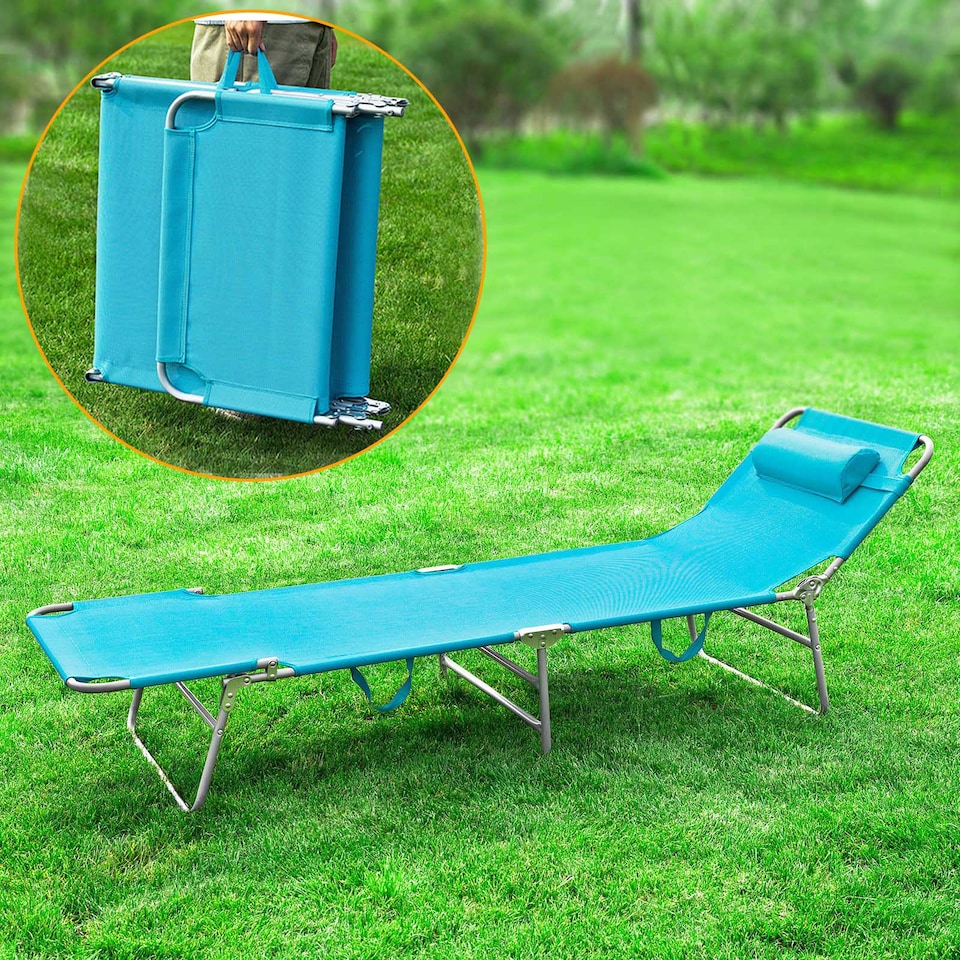 image 1 of SoBuy Sun Lounger Reclining Garden Chair with Pillow and Side Pocket, Turquoise, 76.8x24.8x31.9 inches, 5.69 kg - OGS35-B