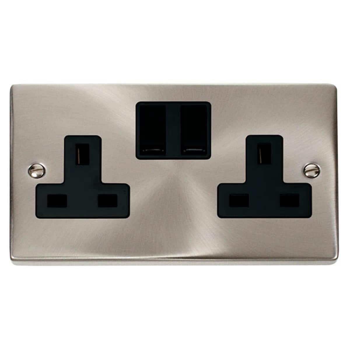 SE Home Satin / Brushed Chrome 2 Gang 13A Twin Double Switched Plug Socket in Metallic Silver