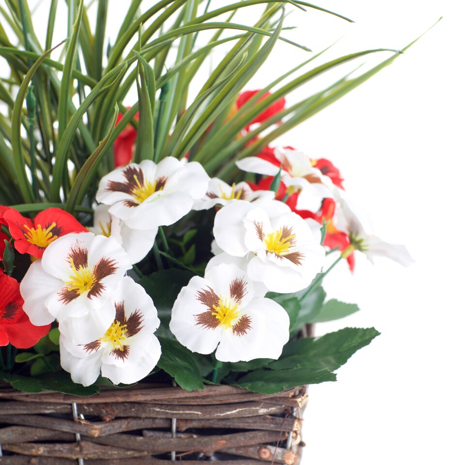 image 1 of Best Artificial Pre-Made 44cm Red & White Pansy Flowers in Rattan Wicker Planter Pot - Suitable For Outside Use | Red | Red and White | 1