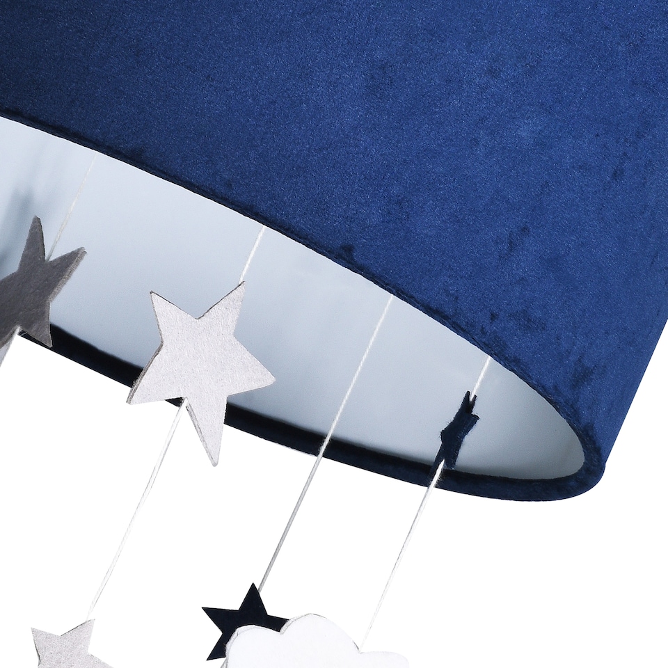 image 1 of Soft Midnight Blue Velvet Pendant Lamp Shade with Hanging Felt Stars and Clouds | Blue | 12"
