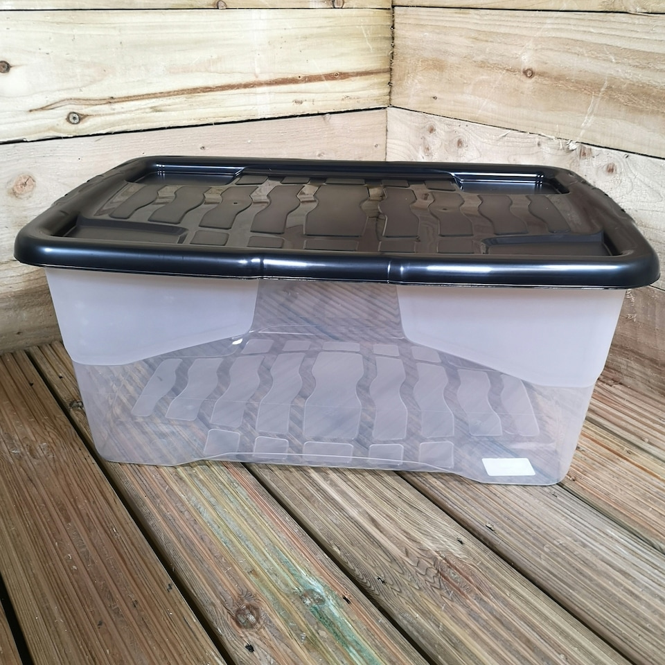 image 1 of 42L Clear Storage Box with Black Lid, Stackable and Nestable Design Storage Solution
