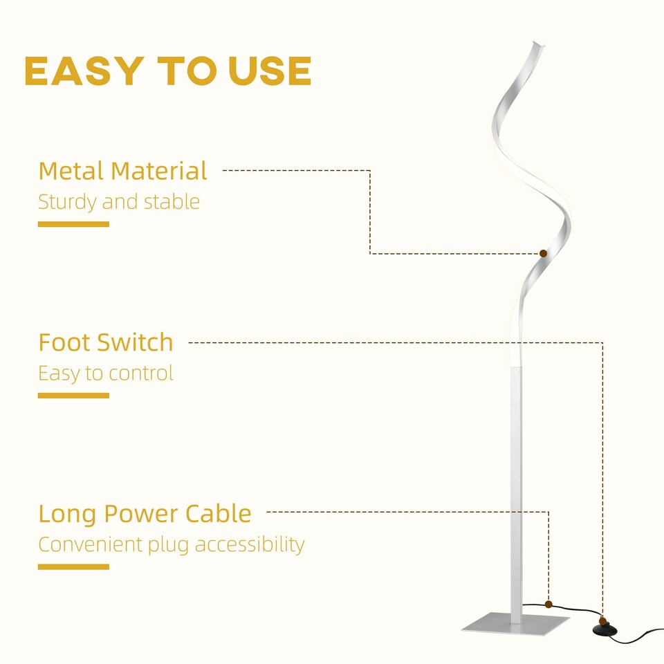 image 1 of HOMCOM Spiral Floor Lamp for Living Room with 3 Adjustable Brightness, Silver