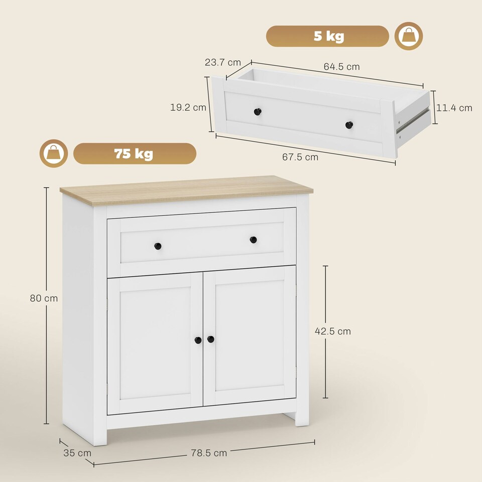 image 1 of HOMCOM Sideboard Storage Cabinet with Adjustable Shelf, Drawer, White White | Oak top, Black handles