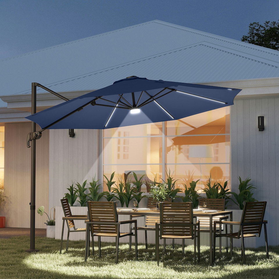 image 1 of Outsunny 3 m LED Cantilever Parasol Outdoor with Base Solar Lights Blue