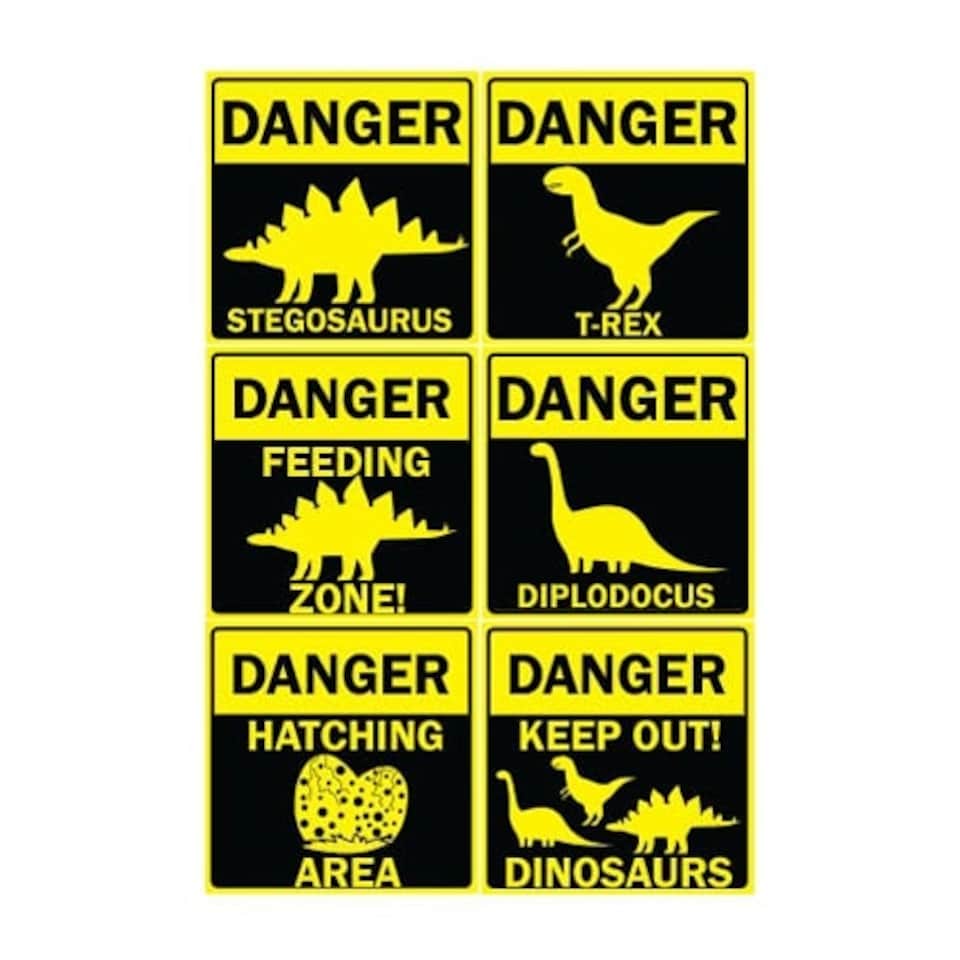 Danger Dinosaurs PVC Party Sign Decorations 20cm x 20cm - Pack of 6