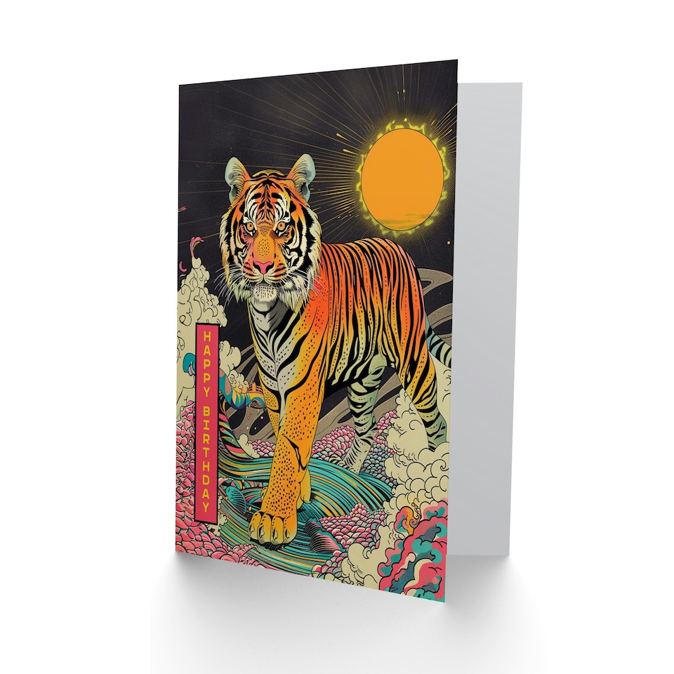 image 1 of Psychedelic Sun Trippy Colourful Man Tiger Him Birthday Card