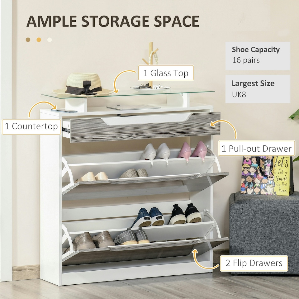 image 1 of HOMCOM Shoe Cabinet with 3 Drawers, High Gloss Front Panels, Glass Top Grey