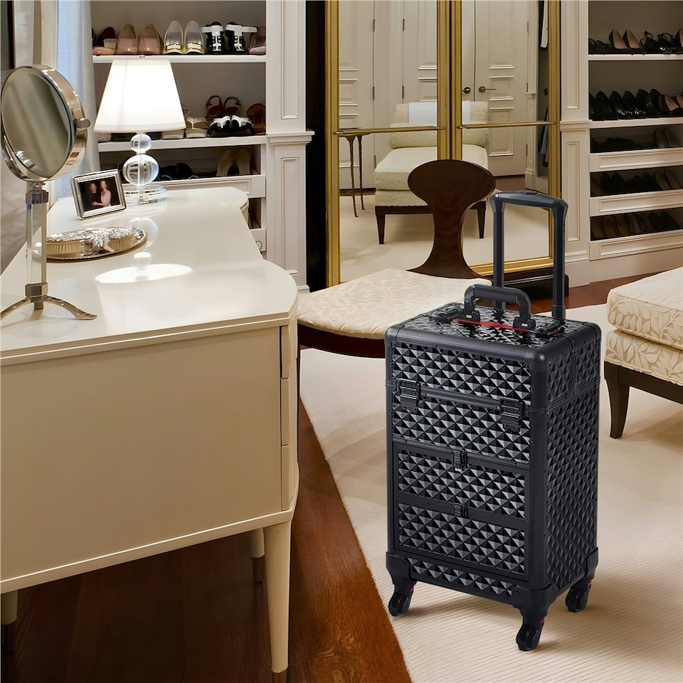 image 1 of Yaheetech Large Cosmetic Case with 360° swiveling Casters Aluminum Black | Black