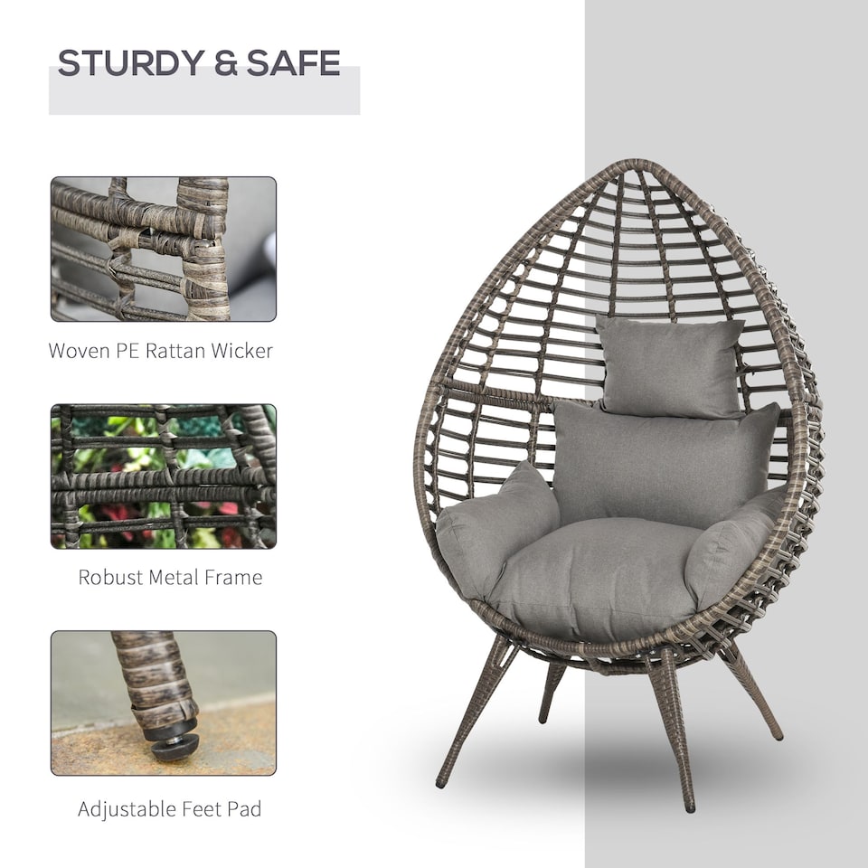 image 1 of Outsunny Garden Egg Chair, Teardrop Outdoor PE Rattan Chair with Full-body Soft Padded Cushion, Mixed Grey