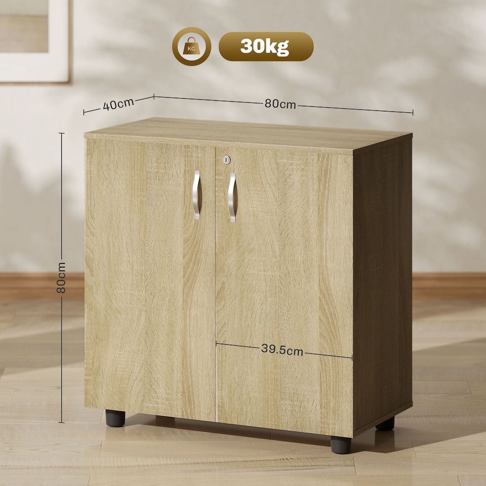 image 1 of Vinsetto Filing Cabinet with Locking Doors & Shelves, 2-Tier Lockable Storage Cabinet with 2 Keys for Home Office, 80W x 40D x 80H cm, Oak