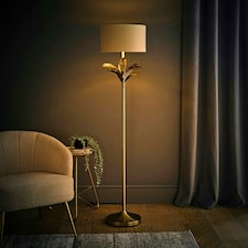 ValueLights Christina Beige with Metallic Gold Drum Shade Gold Palm Leaf Floor Lamp Gold