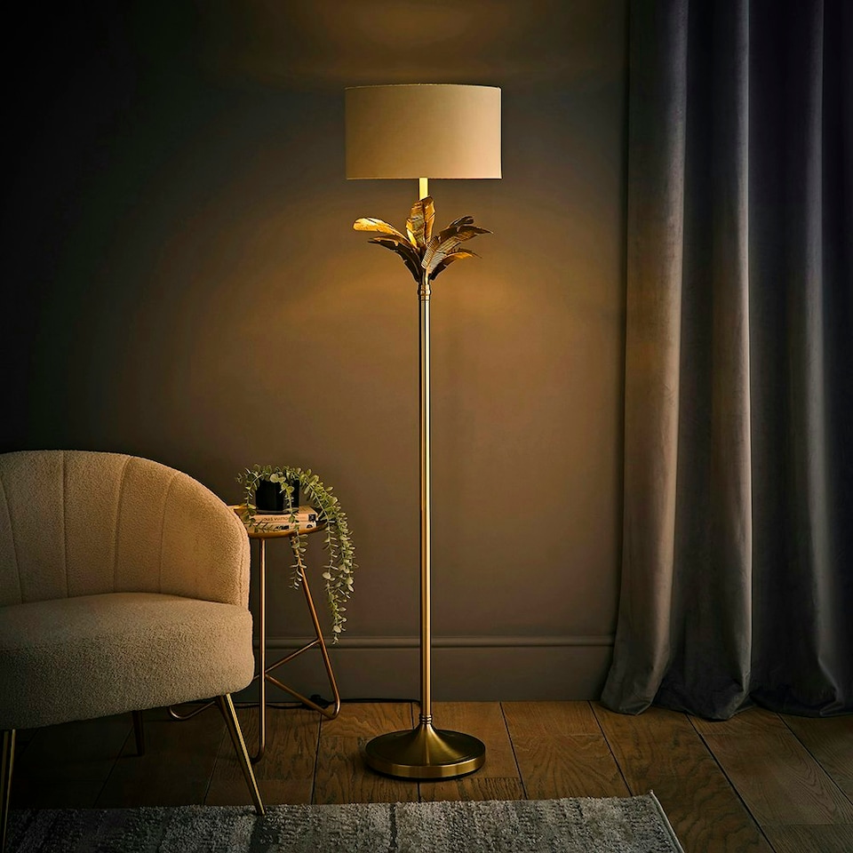 image 1 of ValueLights Christina Beige with Metallic Gold Drum Shade Gold Palm Leaf Floor Lamp Gold