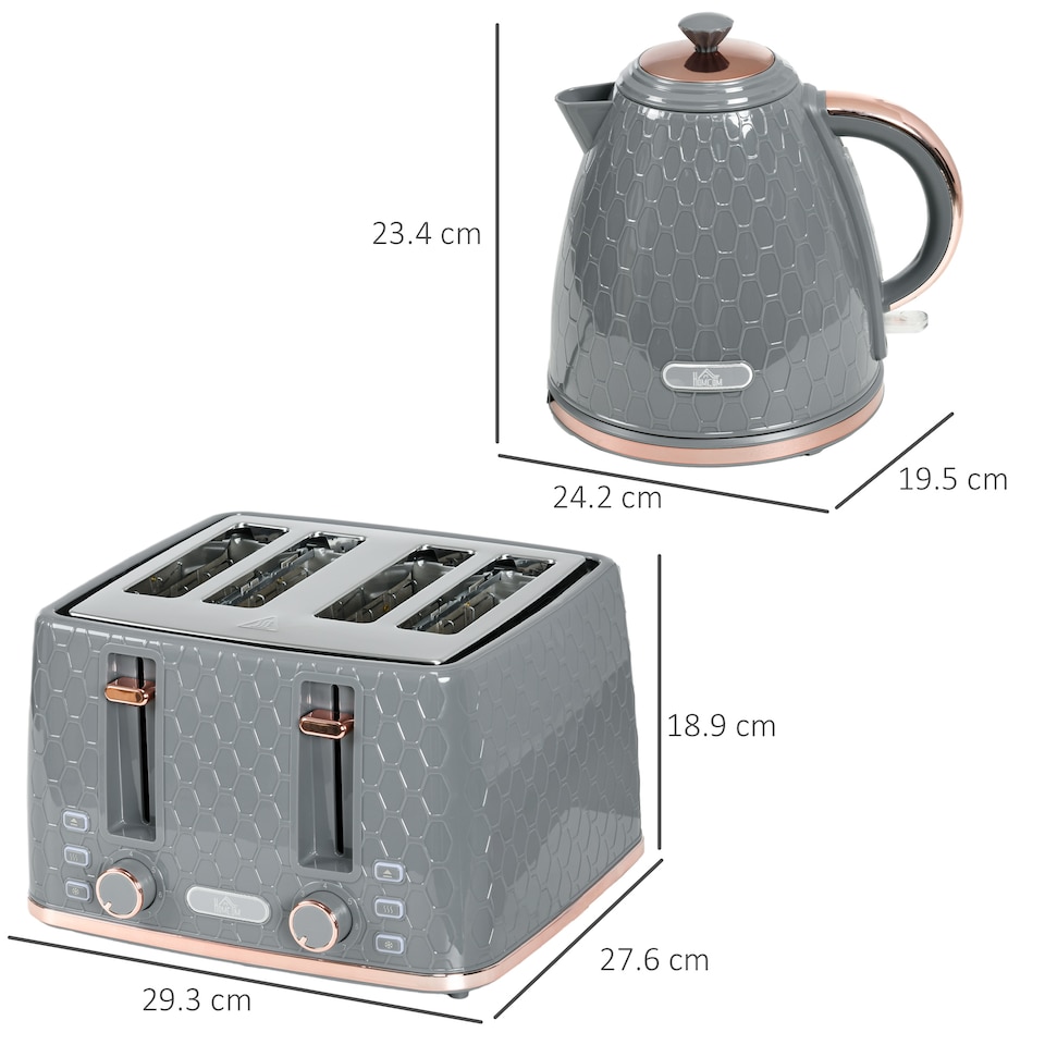 image 1 of HOMCOM Kettle and Toaster Set, 1.7L 3000W Fast Boil Jug Kettle with Auto Shut Off, 4 Slice Toaster with 7 Level Browning Controls & Crumb Tray, UK Otter Thermostat, Grey