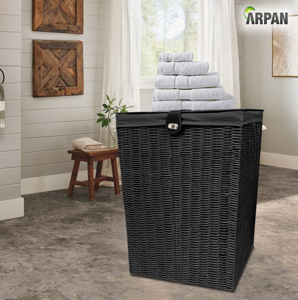 image 1 of Black Resin Laundry Clothes Basket with Lid, Lock & Removable Washable Lining – Wicker Effect Laundry Storage Hamper for Bedroom, Bathroom & Utility Room