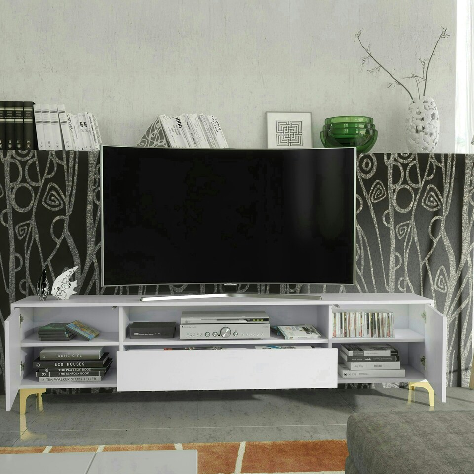image 1 of TV Unit 200cm White with Fluted Doors, Gold Details and Drawer White