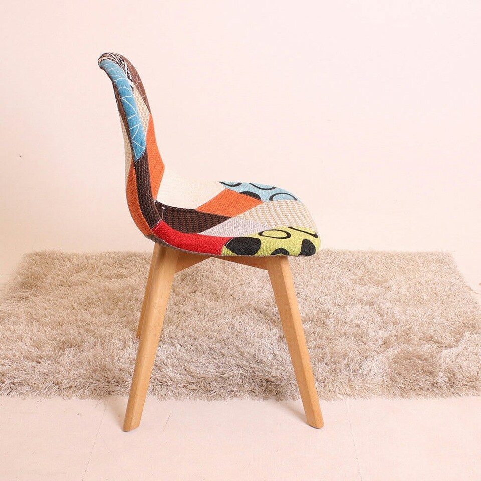 image 1 of Single Patchwork Multi Colors Fabric Dining Chair with Wooden Legs, Mid-Century Modern Accent Chair Multi