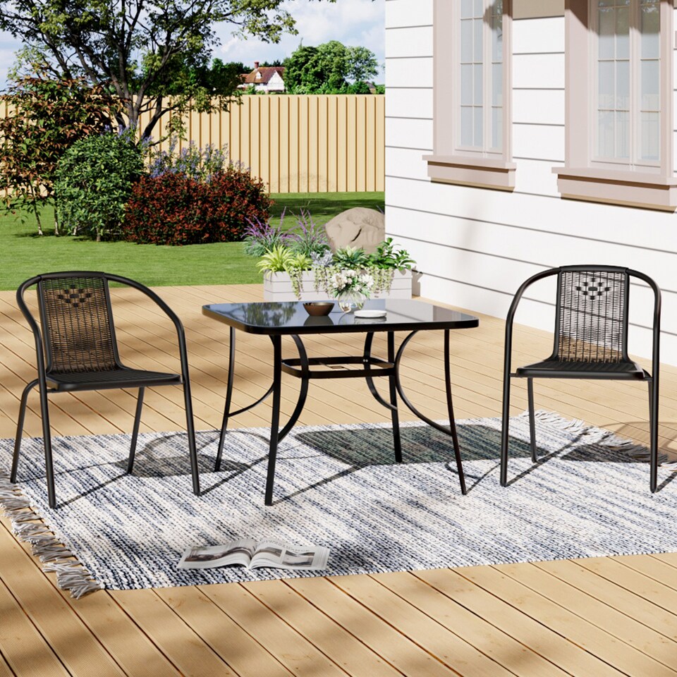 image 1 of Living and Home Outdoor Garden Bistro Set Tempered Glass Square Coffee Table with 2 Rattan Chairs