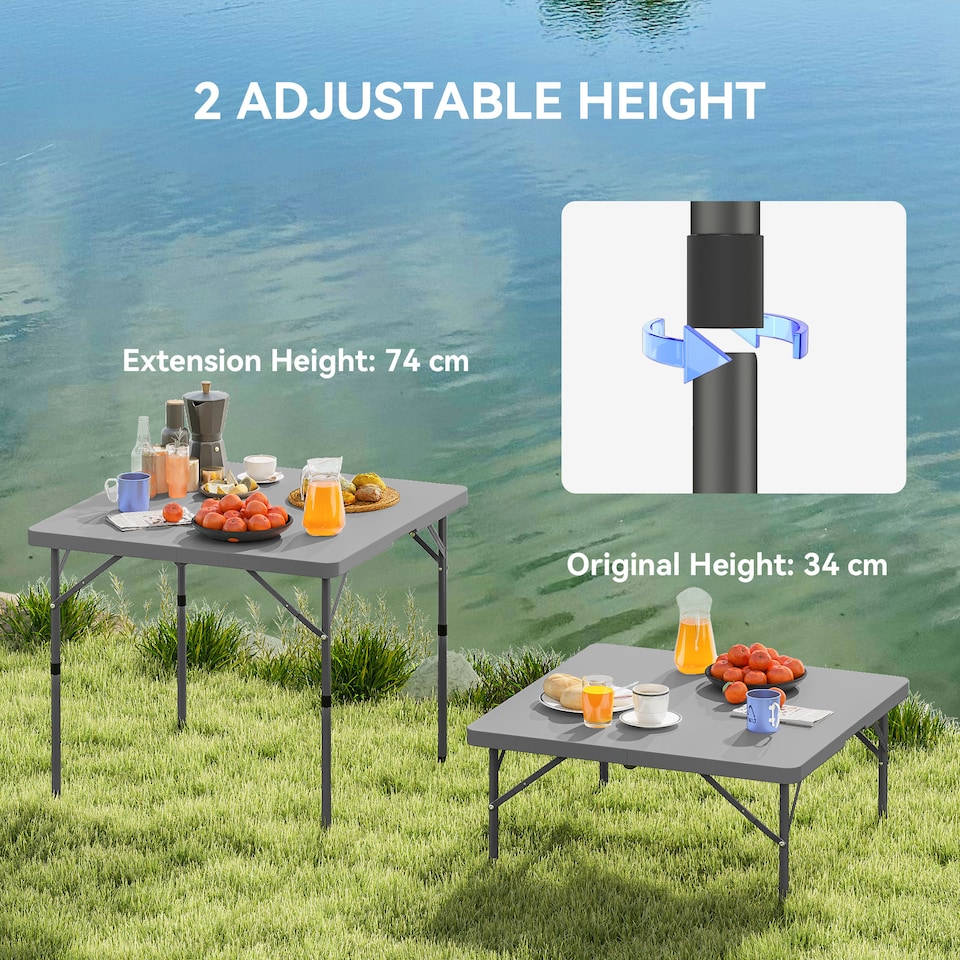 image 1 of Outsunny 3ft Folding Camping Table, Heavy Duty Picnic Table with 2 Adjustable Height for Indoor Outdoor Garden, Party, BBQ, Dark Grey | Grey | Dark Grey | 86L x 86W x 74Hcm