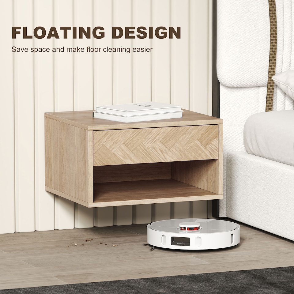 image 1 of HOMCOM Floating Nightstands Set of 2, Bedside Table w/ Drawer and Open Shelf | Brown | Natural wood finish | 37W x 32D x 21H cm