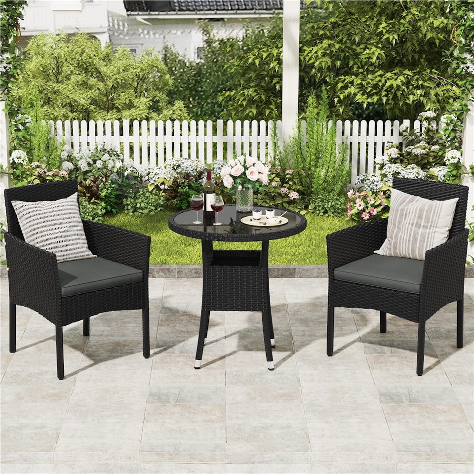image 1 of Yaheetech 3-Piece Rattan Furniture Set, Woven PE Rattan Chairs & 1 Tempered-Glass Side Table-Black&Grey | Multi | Black/Grey